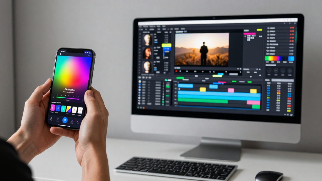 A person using a smartphone for mobile editing and a desktop for professional editing