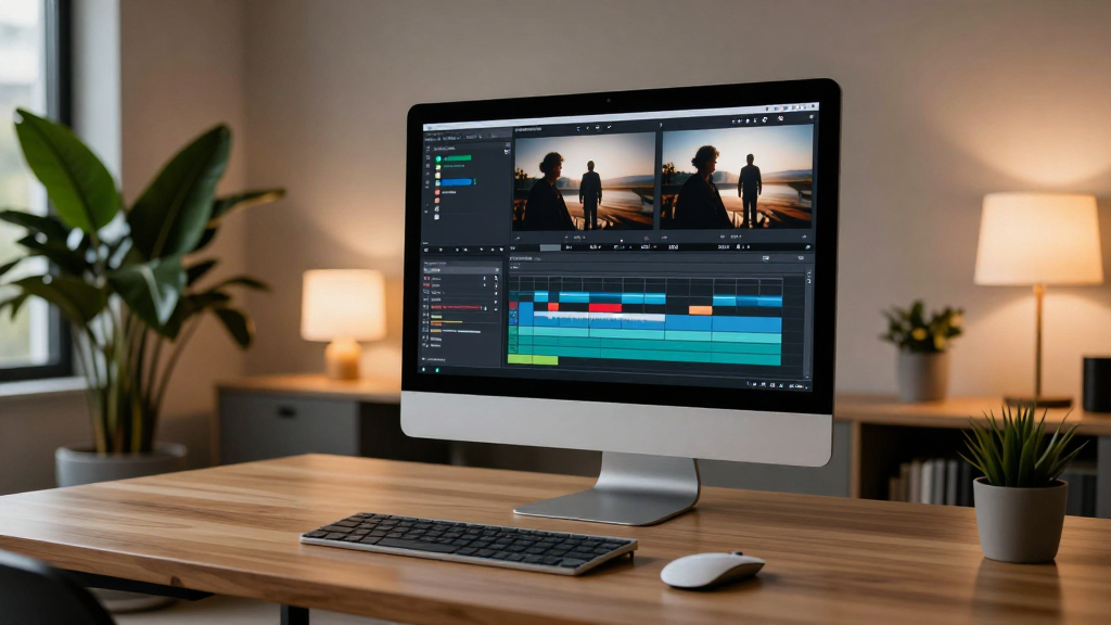 A modern workspace with a computer showing a video editing timeline